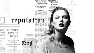 Taylor Swift Reputation Era Black and White Portrait with Newspaper Typography Background HD wallpaper
