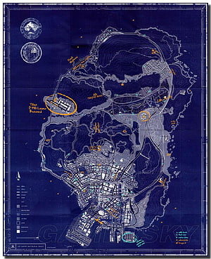 Grand Theft Auto V Los Santos Island Blueprint Map with Handwritten Annotations HD phone wallpaper