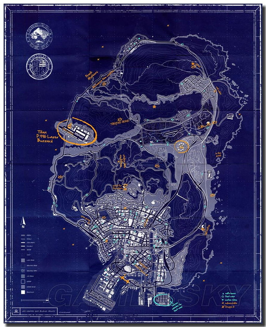 Grand Theft Auto V Los Santos Island Blueprint Map with Handwritten Annotations HD phone wallpaper