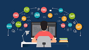 Programmer at Desk Surrounded by Floating Coding Language Icons and Development Tools HD wallpaper