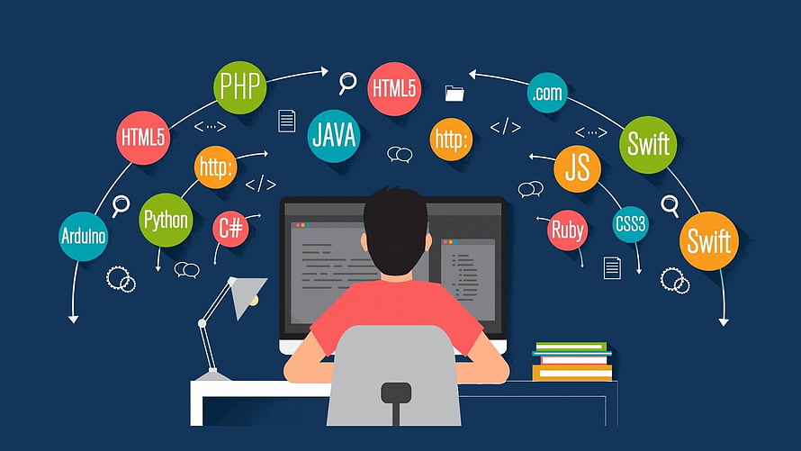 Programmer at Desk Surrounded by Floating Coding Language Icons and Development Tools HD wallpaper