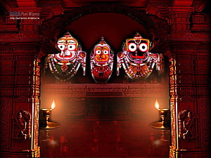 Lord Jagannath Temple Deities with Oil Lamps in Ornate Red Carved Shrine HD wallpaper