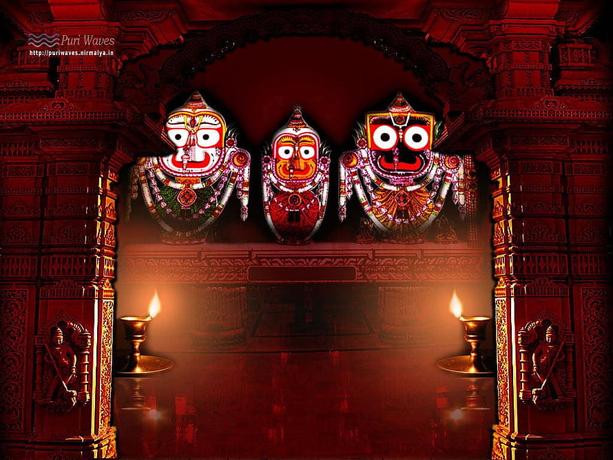Lord Jagannath Temple Deities with Oil Lamps in Ornate Red Carved Shrine HD wallpaper