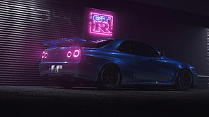 Blue Nissan Skyline GT-R R34 Parked Under Neon Sign in Dark Garage HD wallpaper