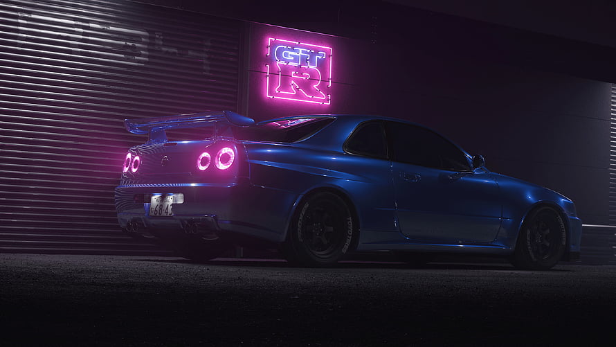 Blue Nissan Skyline GT-R R34 Parked Under Neon Sign in Dark Garage HD wallpaper