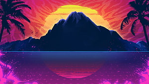 Far Cry 3 Blood Dragon Retro Synthwave Sunset with Mountain and Palm Trees HD wallpaper
