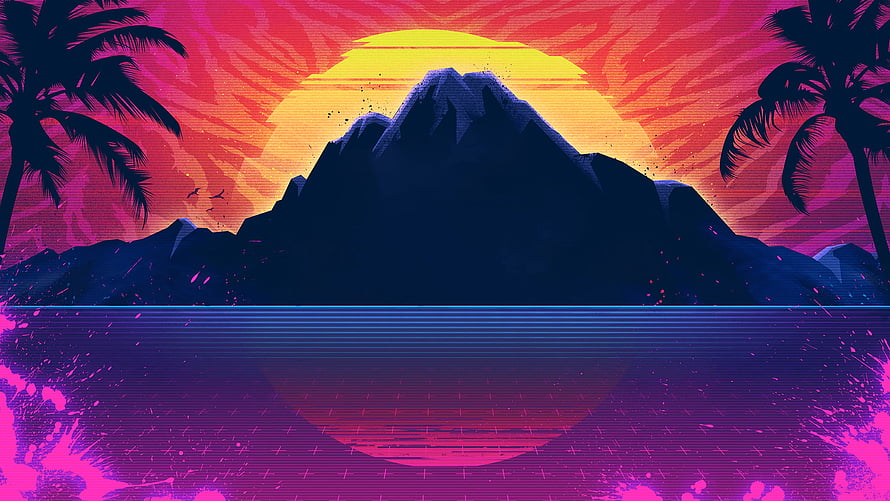 Far Cry 3 Blood Dragon Retro Synthwave Sunset with Mountain and Palm Trees HD wallpaper