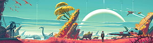 No Man's Sky Alien Planet Landscape With Dinosaur Creatures And Futuristic Vehicle HD wallpaper