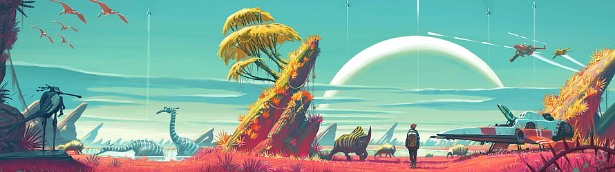No Man's Sky Alien Planet Landscape With Dinosaur Creatures And Futuristic Vehicle HD wallpaper