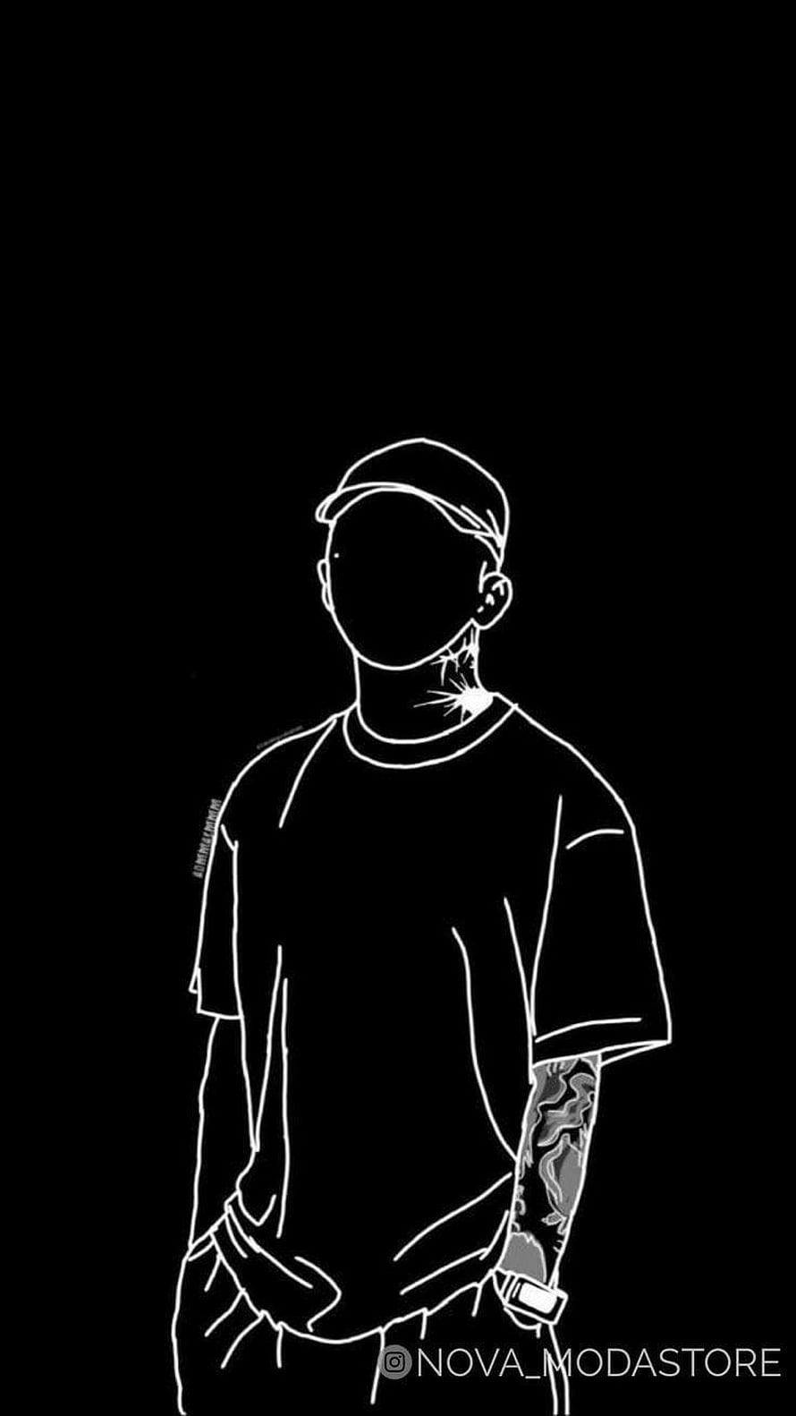 Minimalist White Line Art of a Man Wearing a Cap and T-Shirt on Black Background, juli on Dp, black boys drawing HD phone wallpaper