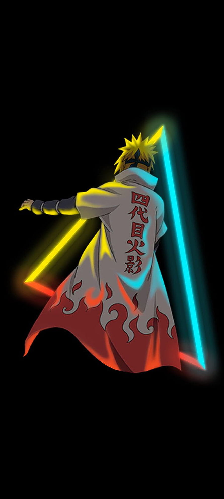 Minato Namikaze Neon Glow Anime Artwork with Chakra Blades on Black Background HD phone wallpaper