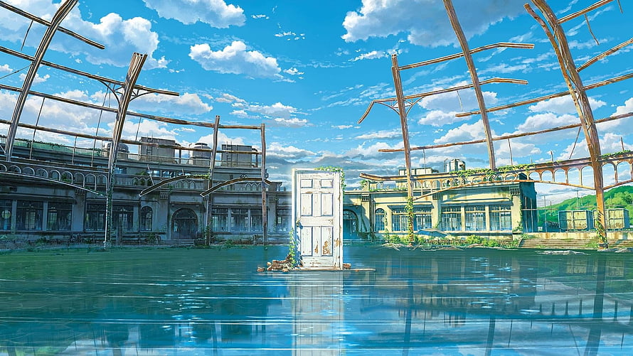 Suzume no Tojimari Animated Scene with Flooded Ruins and Floating Door HD wallpaper