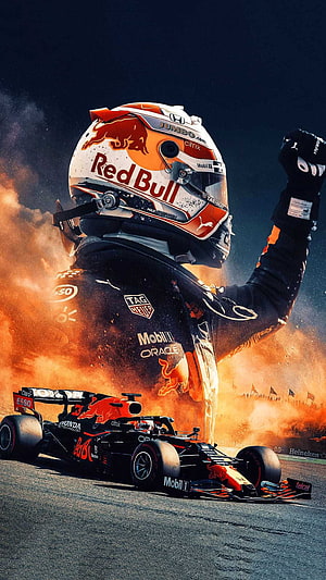 Max Verstappen Red Bull Racing Victory Celebration with Fire and Smoke HD phone wallpaper