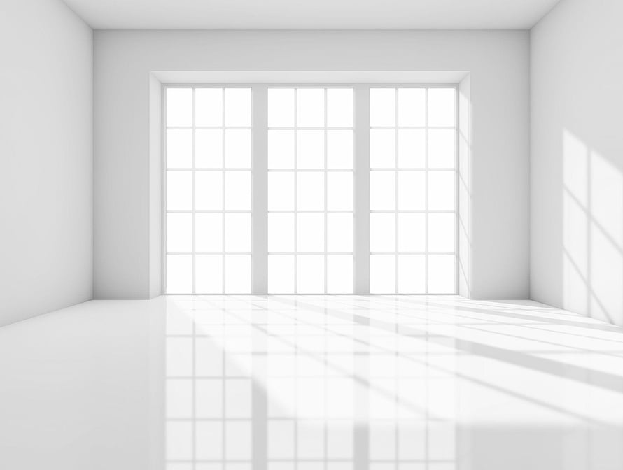 Minimalist White Room Interior With Large Grid Windows And Reflective Floor HD wallpaper