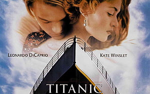 Titanic Movie Poster Featuring Leonardo DiCaprio and Kate Winslet Above the Ship's Bow HD wallpaper