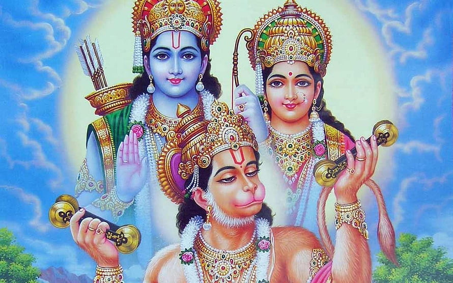 Hanuman, Rama, and Sita Devotional Painting with Divine Aura and Ornate Jewelry HD wallpaper