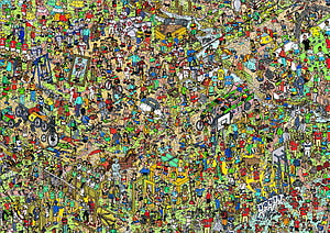 Where's Wally 99: A Chaotic Crowd of Sports, Vehicles, and Hidden Characters in a Vibrant Cartoon Scene HD wallpaper