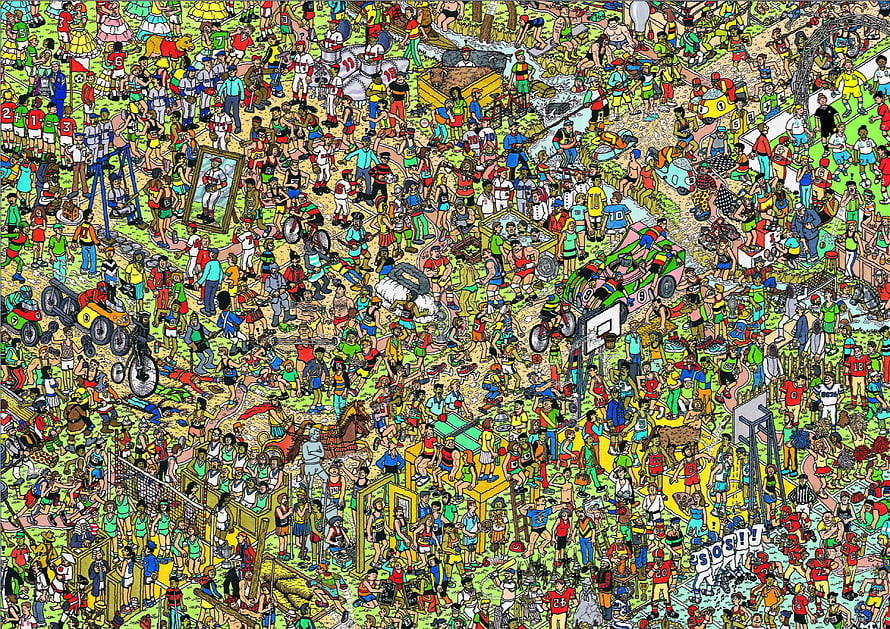 Where's Wally 99: A Chaotic Crowd of Sports, Vehicles, and Hidden Characters in a Vibrant Cartoon Scene HD wallpaper