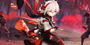 Kaedehara Kazuha in Dynamic Combat Pose with Sword in Genshin Impact HD wallpaper