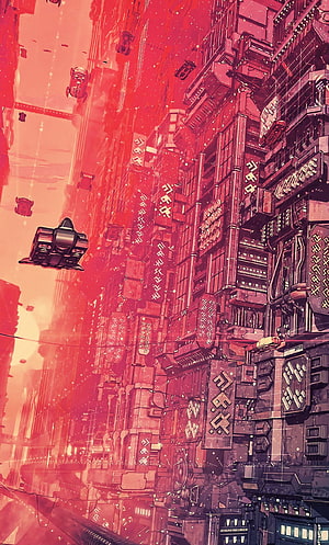Cyberpunk Cityscape with Flying Vehicles in Red Haze HD phone wallpaper