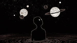 Nihilism: Silhouette Gazing at Ringed Planets in a Starry Void HD wallpaper