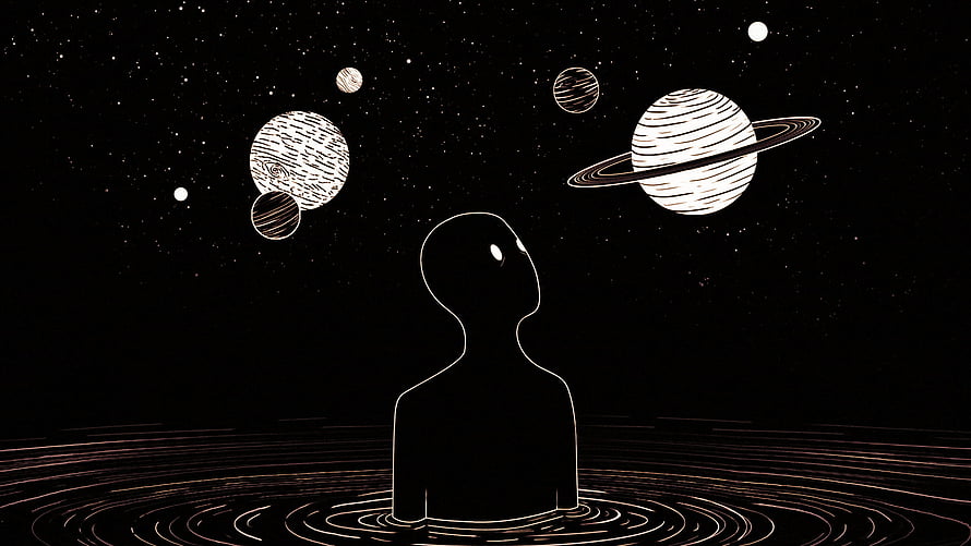Nihilism: Silhouette Gazing at Ringed Planets in a Starry Void HD wallpaper