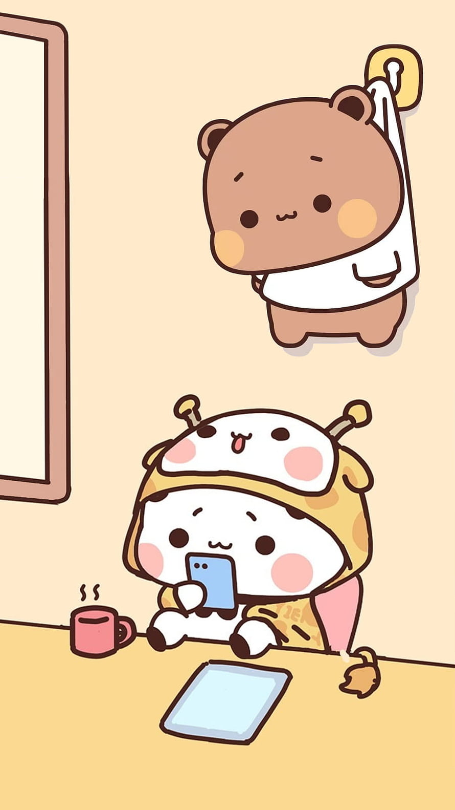 Cute Cartoon Bear and Rabbit in Cozy Bedroom with Phone and Coffee HD phone wallpaper