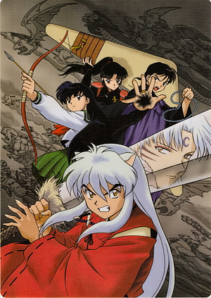 Inuyasha Anime Group Artwork with Kagome, Sesshomaru, Miroku, and Kikyo in Dynamic Action Pose HD phone wallpaper