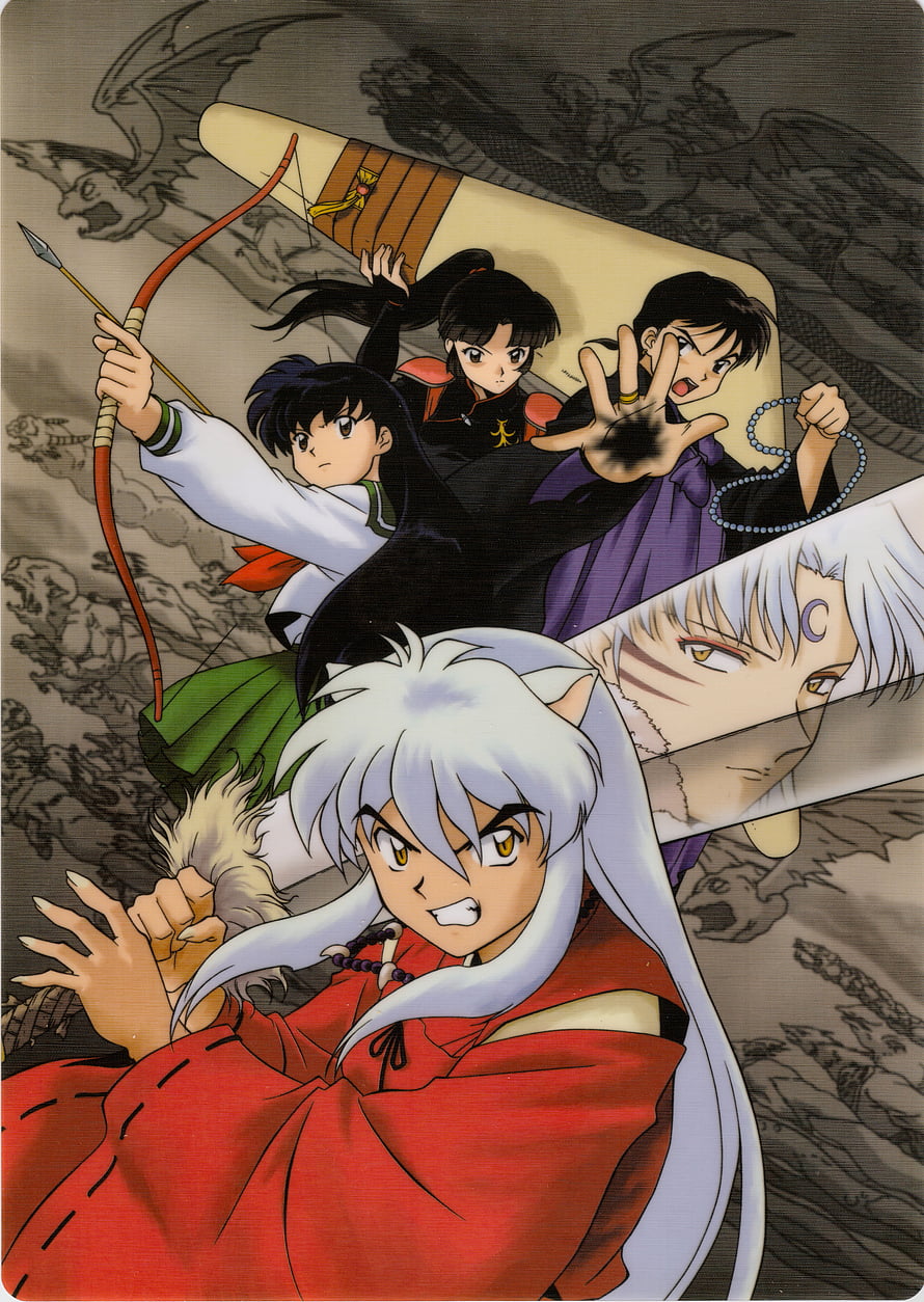 Inuyasha Anime Group Artwork with Kagome, Sesshomaru, Miroku, and Kikyo in Dynamic Action Pose HD phone wallpaper