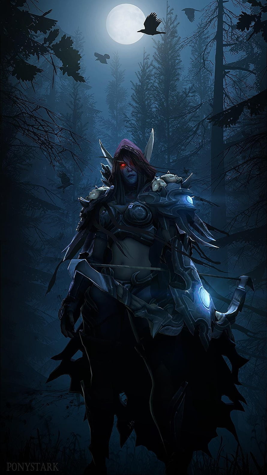 Sylvanas Windrunner in Dark Forest with Full Moon and Crows HD phone wallpaper