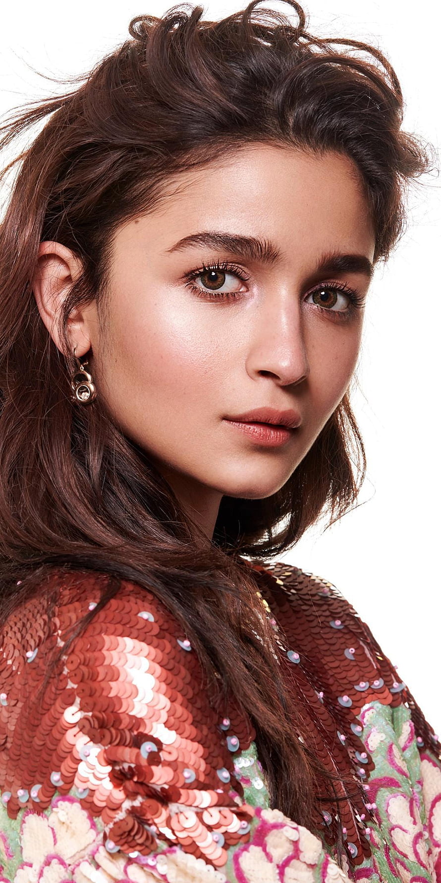 Alia Bhatt in a Sequined Top with Loose Wavy Hair and Gold Earrings HD phone wallpaper