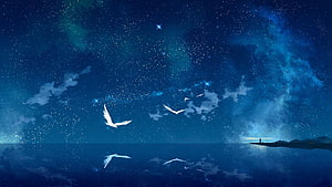 Serene Anime Night Sky with Flying Birds and Starry Ocean Reflection HD wallpaper