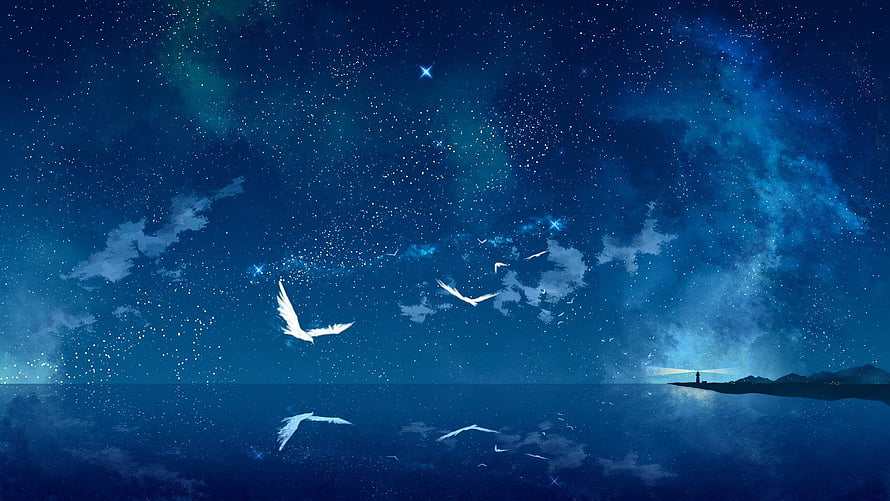 Serene Anime Night Sky with Flying Birds and Starry Ocean Reflection HD wallpaper