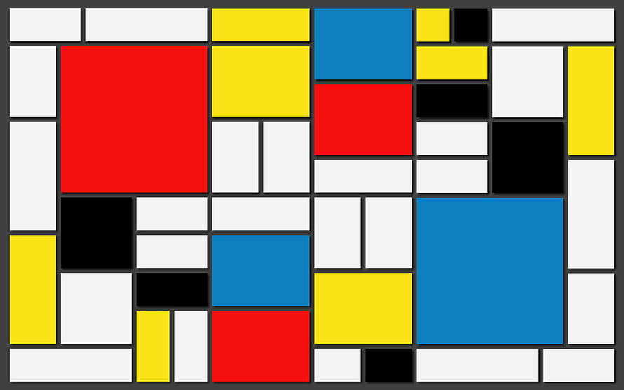 Piet Mondrian Style Geometric Abstract Composition with Primary Colors and Black Grid Lines HD wallpaper