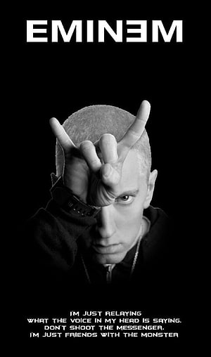 Eminem Black and White Portrait with Hand Gesture and Quote Text HD phone wallpaper