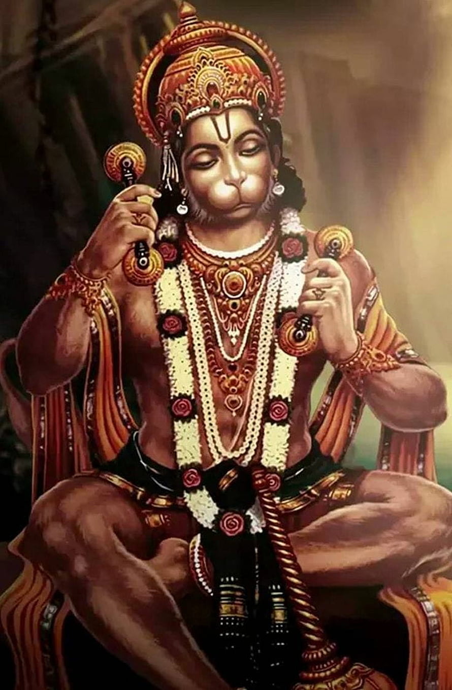 Hanuman Seated in Meditation Wearing Ornate Jewelry and Floral Garland HD phone wallpaper