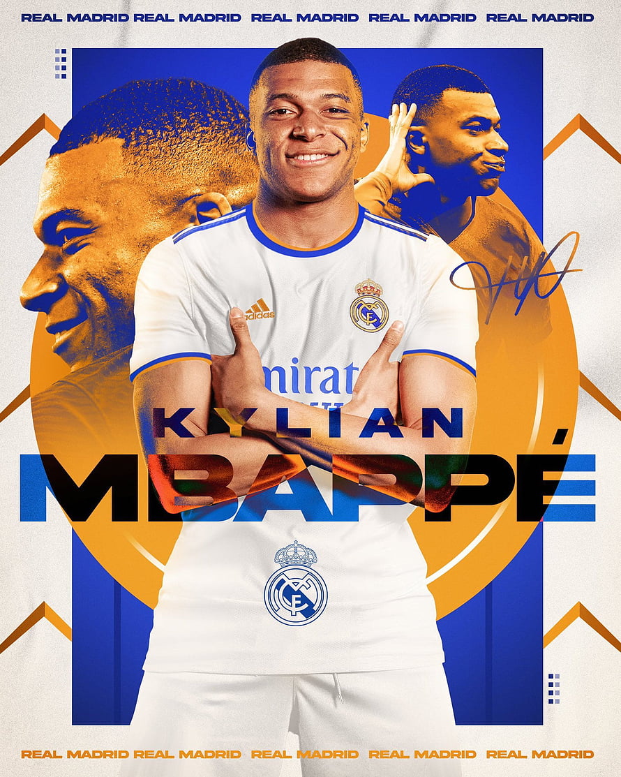 Kylian Mbappe Real Madrid White Home Kit Announcement Poster HD phone wallpaper
