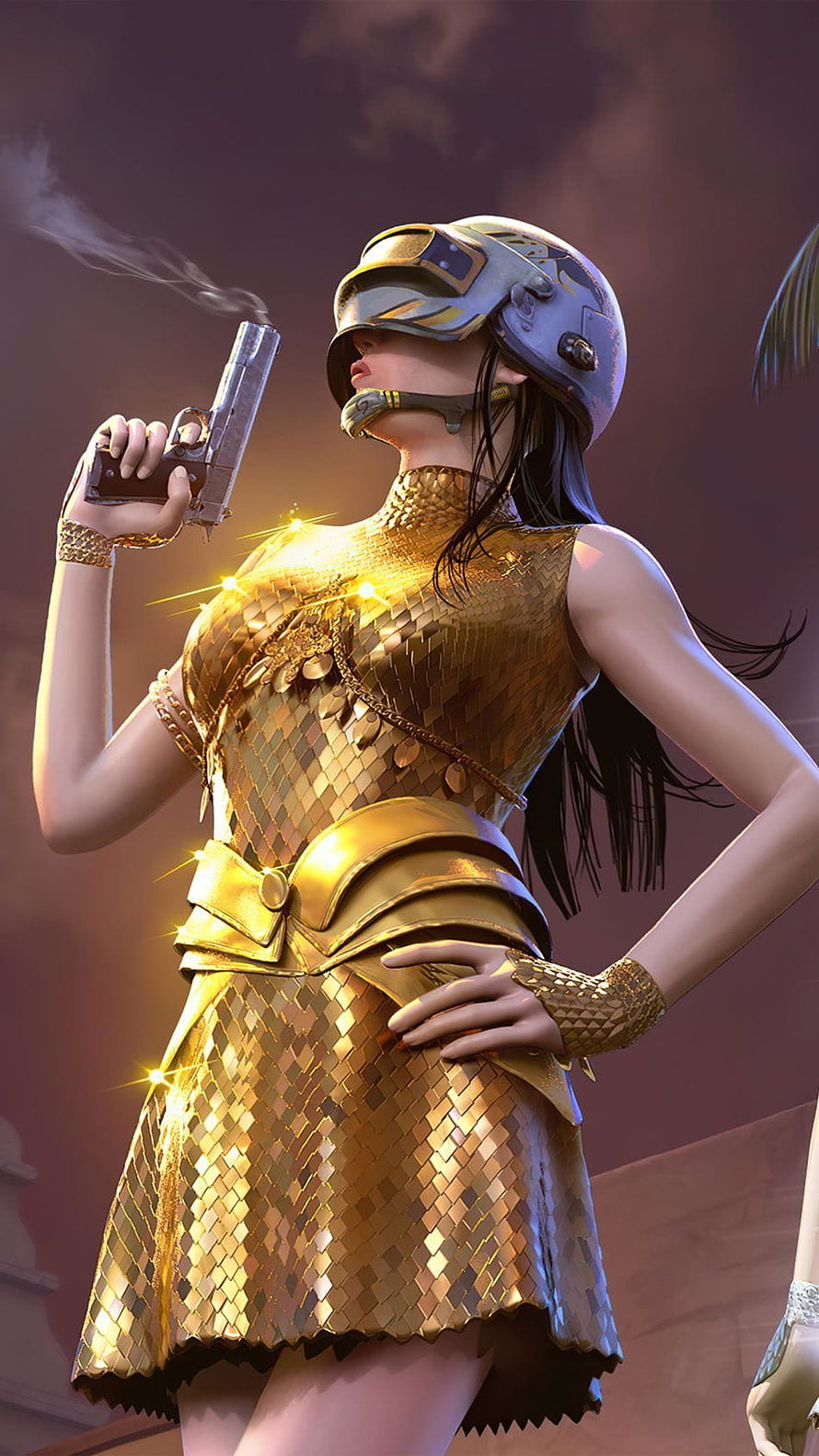 PUBG Female Character in Golden Scale Armor and Helmet Holding Pistol HD phone wallpaper