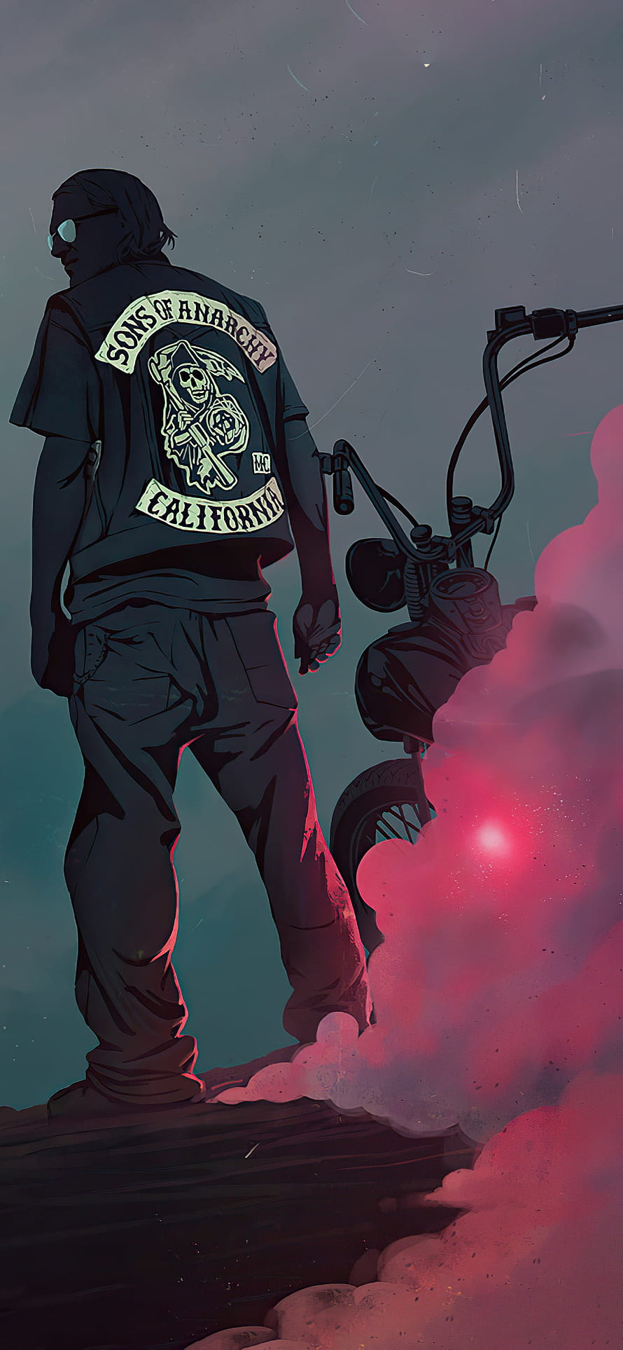 Sons of Anarchy Biker Standing Beside Motorcycle in Dramatic Pink Smoke HD phone wallpaper