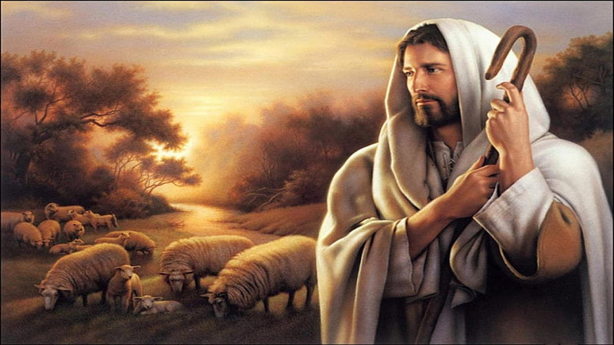 Jesus as the Good Shepherd with Flock at Golden Hour HD wallpaper