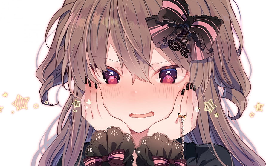 Cute Anime Girl with Blushing Face and Long Brown Hair in Lolita Style HD wallpaper