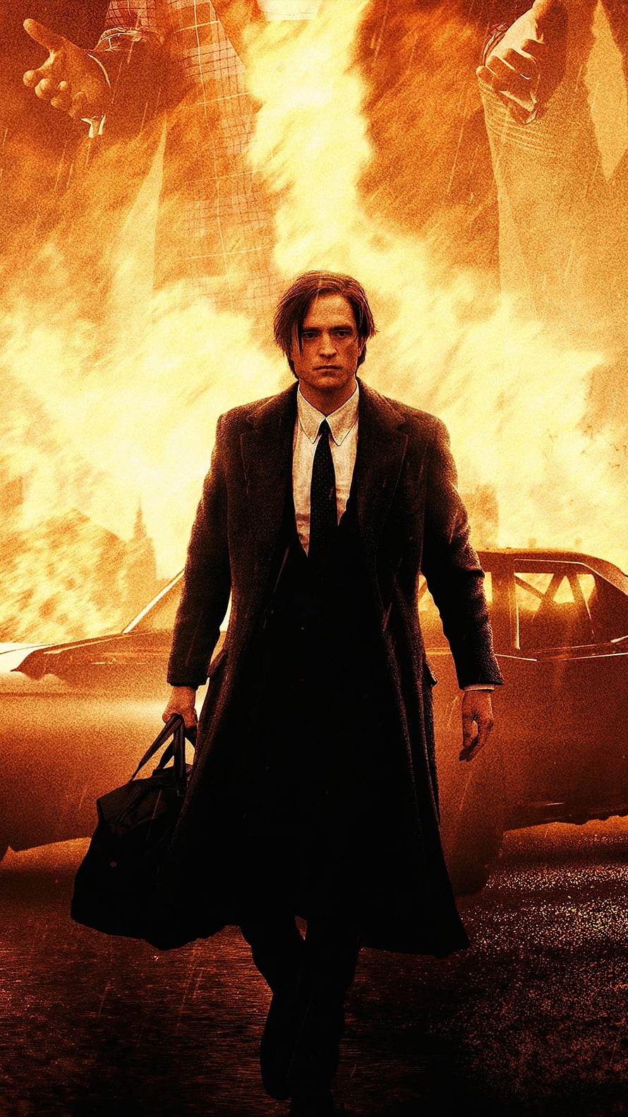 Robert Pattinson as Batman Walking Through Fire and Smoke in Dark Coat HD phone wallpaper