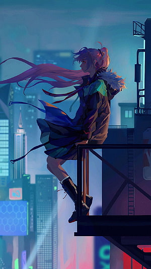 Anime Girl in Futuristic Cityscape with Flowing Hair and Neon Lights HD phone wallpaper