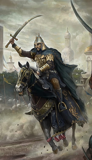 Majestic Islamic Warrior on Horseback with Scimitar in Historical Fantasy Art HD phone wallpaper