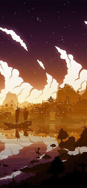 Liyue Harbor at Dusk in Genshin Impact with Starlit Sky and Reflections HD phone wallpaper