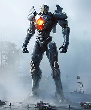 Gipsy Avenger Jaeger from Pacific Rim Uprising Standing in Industrial Fog HD phone wallpaper