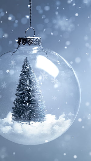 Frosted Christmas Ornament with Miniature Snowy Tree and Falling Snowflakes HD phone wallpaper