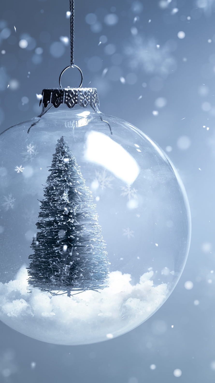 Frosted Christmas Ornament with Miniature Snowy Tree and Falling Snowflakes HD phone wallpaper