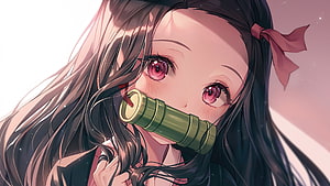 Nezuko Kamado Anime Character Portrait with Bamboo Cuff and Red Eyes HD wallpaper