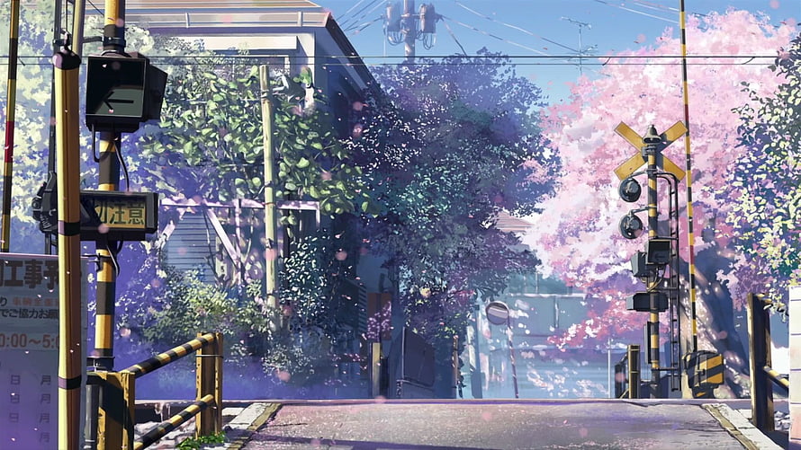 Makoto Shinkai Style Japanese Railroad Crossing With Cherry Blossoms And Spring Petals HD wallpaper